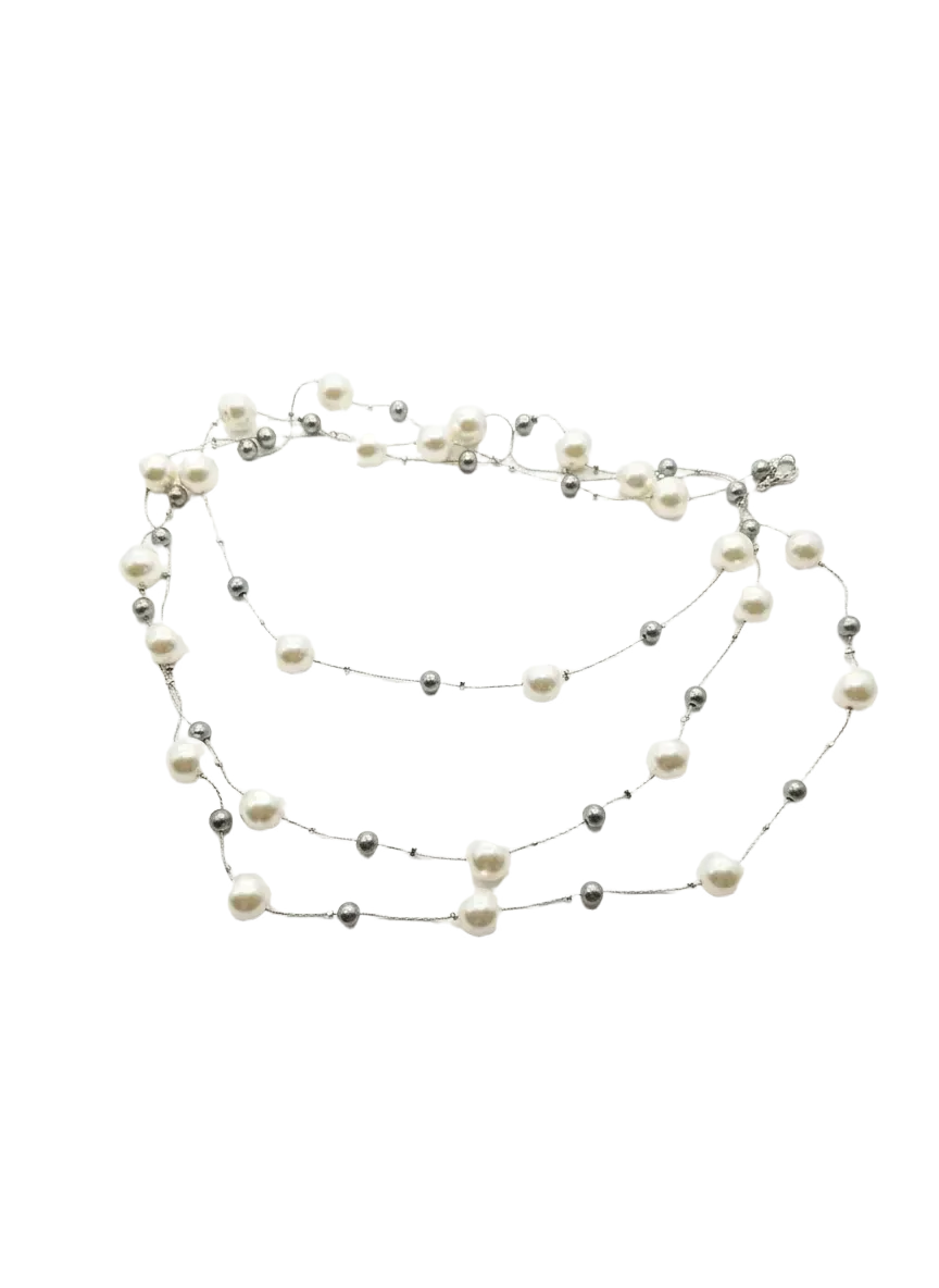 Silver Mist: Dual-Layer Pearl Long Necklace