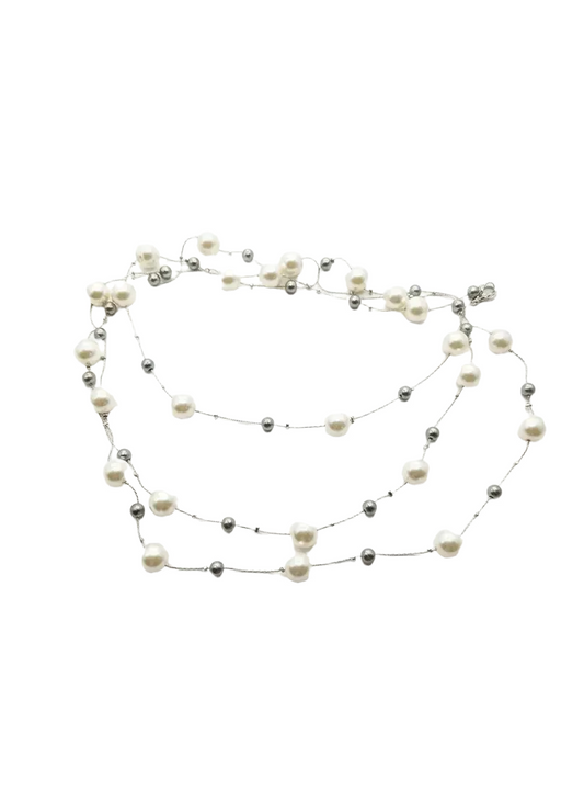 Silver Mist: Dual-Layer Pearl Long Necklace