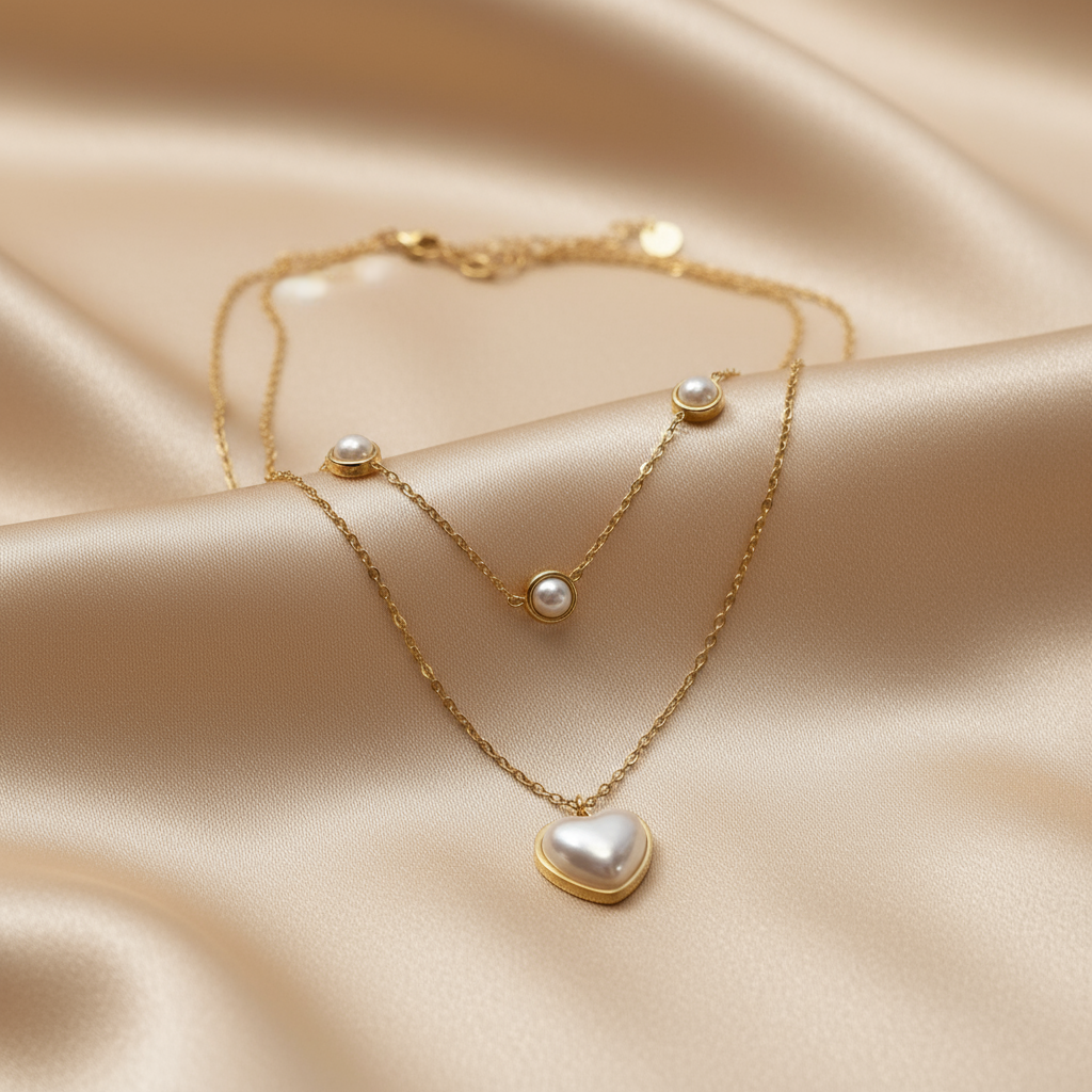 Lustre Love: 18K Gold Dual-Layer Heart Pearl Necklace