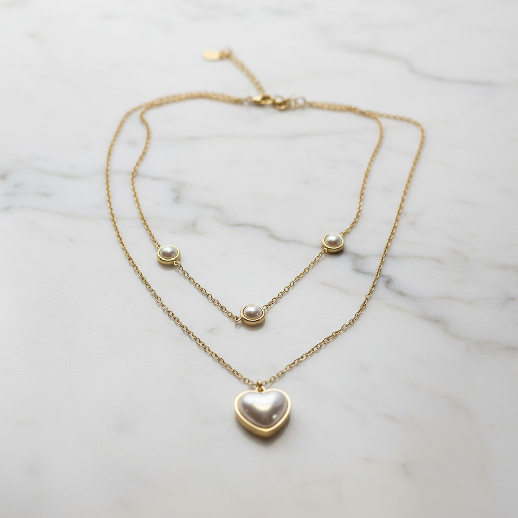 Lustre Love: 18K Gold Dual-Layer Heart Pearl Necklace