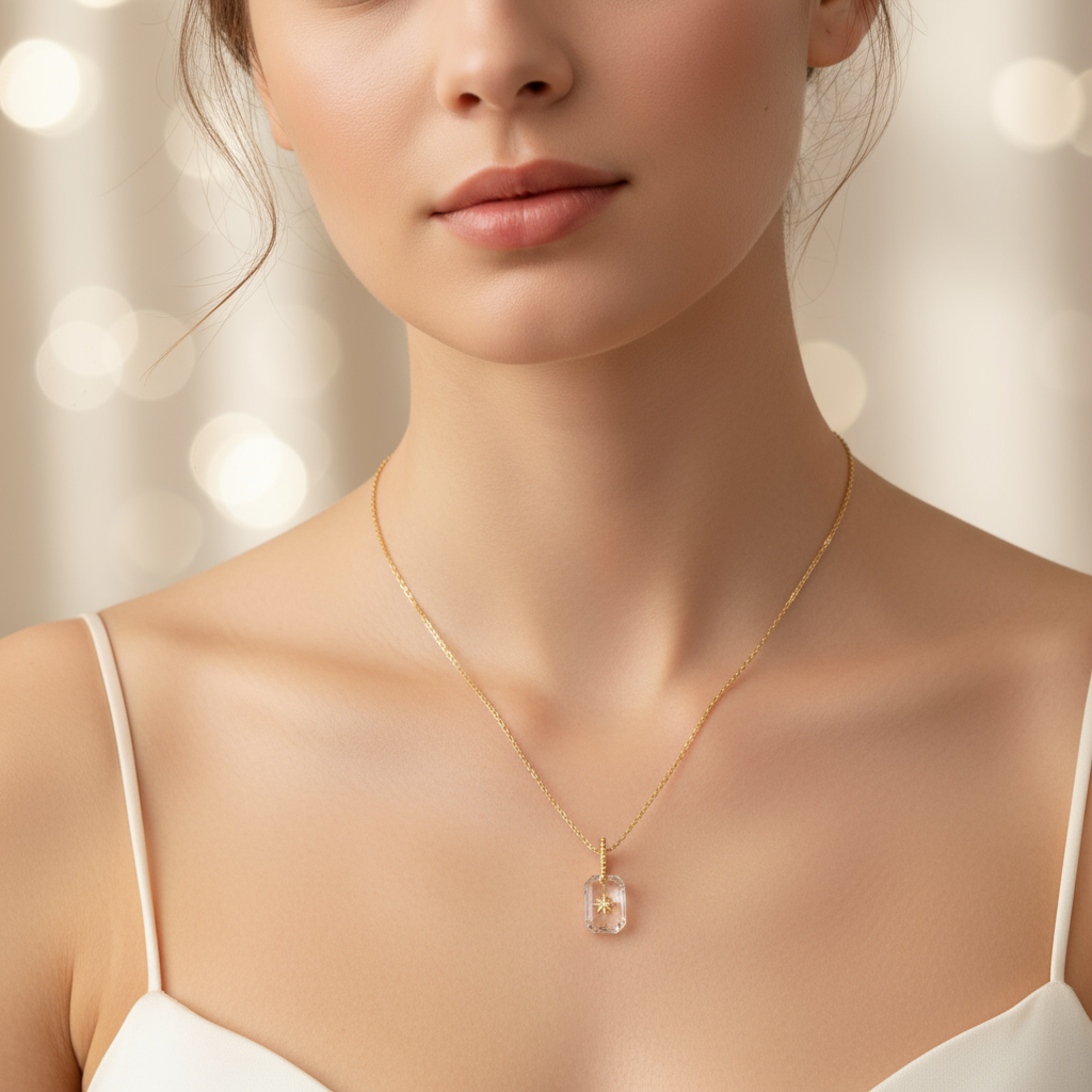 Starlit Prism: 18K Gold Rectangle Pendant Necklace