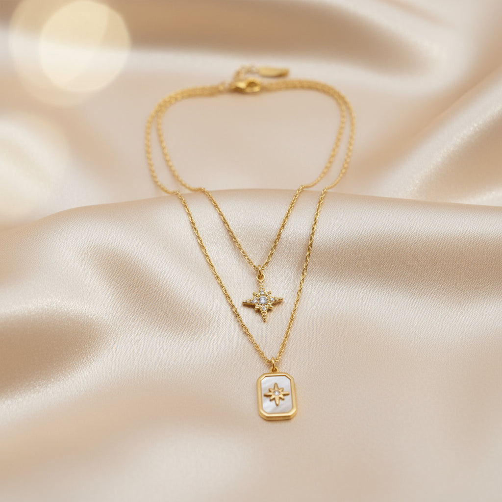 Celestial Duo: 18K Star Layered Necklace