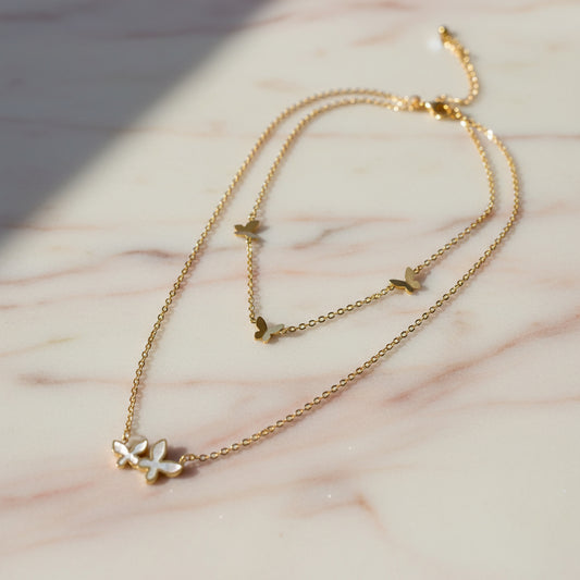 Flutter & Glow: 18K Mother-of-Pearl Butterfly Layered Necklace