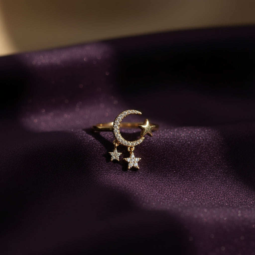 Lunar Spark: 18K Crescent Star Ring