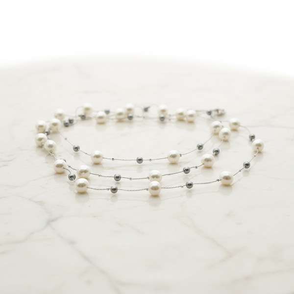 Silver Mist: Dual-Layer Pearl Long Necklace