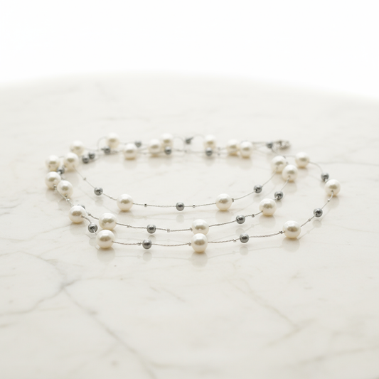 Silver Mist: Dual-Layer Pearl Long Necklace