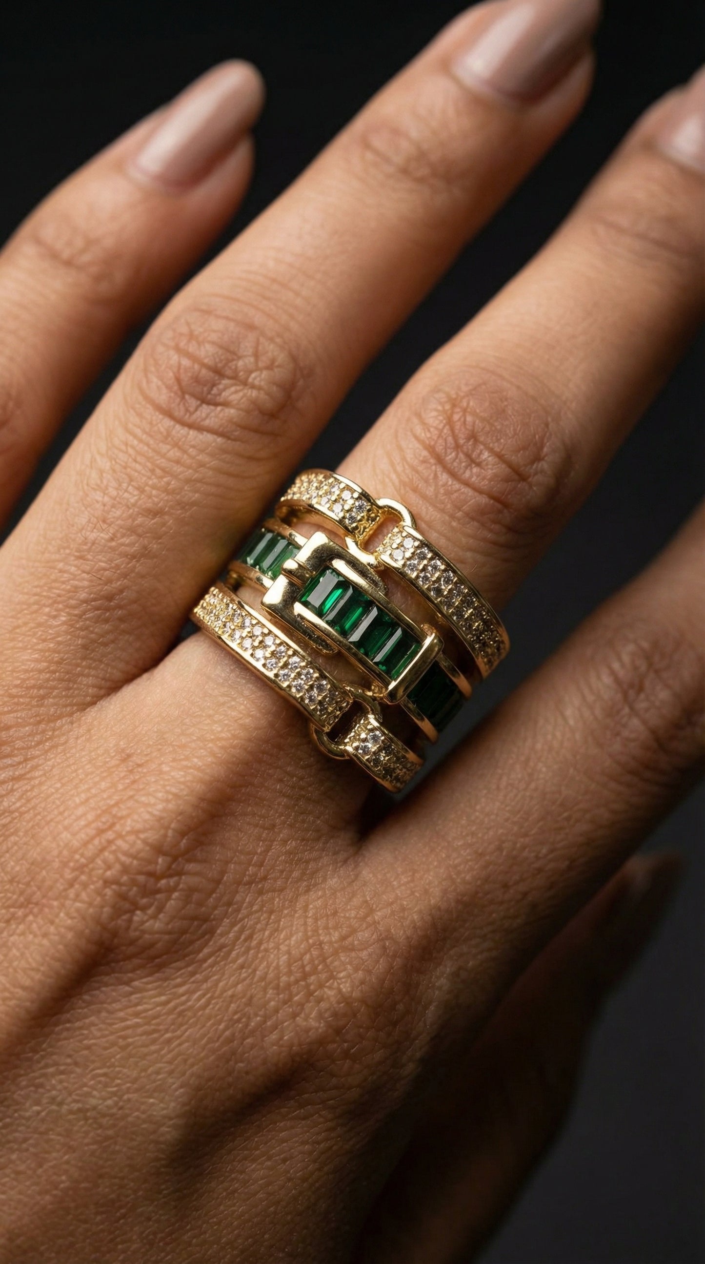 Belt Buckle CZ Ring in 18K Gold tone