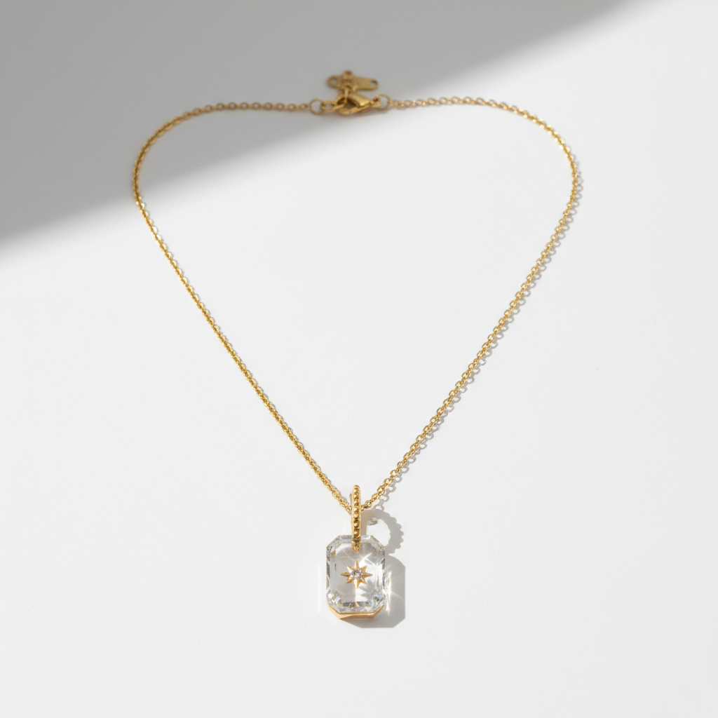 Starlit Prism: 18K Gold Rectangle Pendant Necklace