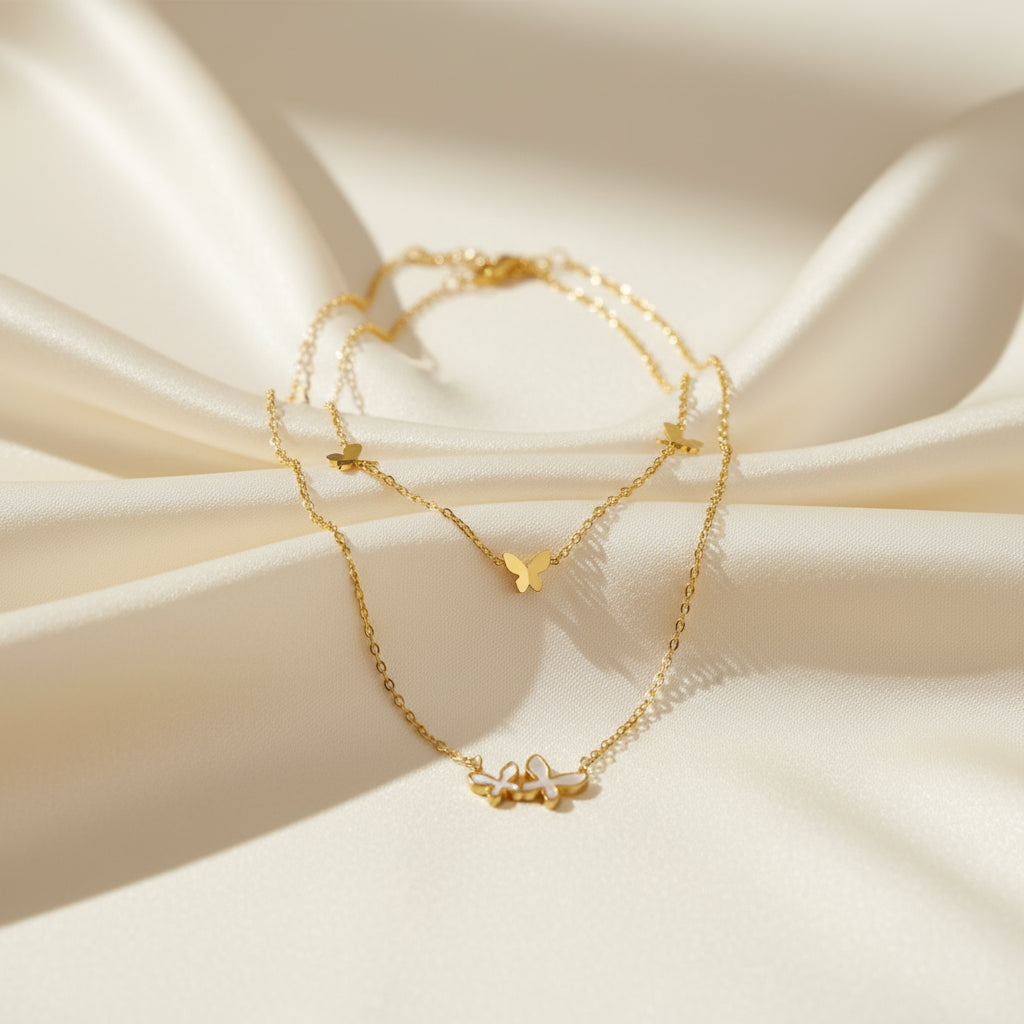 Flutter & Glow: 18K Mother-of-Pearl Butterfly Layered Necklace