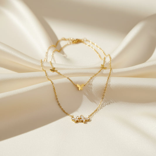 Flutter & Glow: 18K Mother-of-Pearl Butterfly Layered Necklace