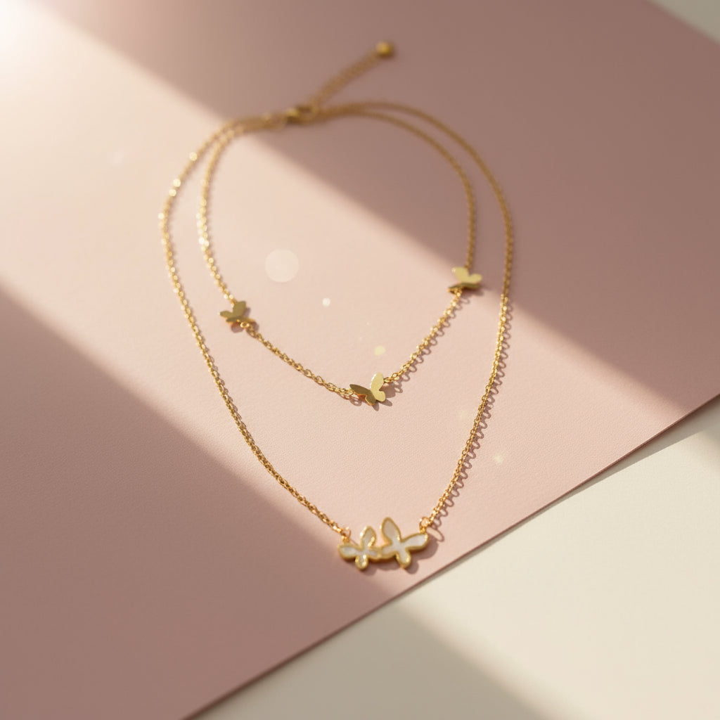 Flutter & Glow: 18K Mother-of-Pearl Butterfly Layered Necklace