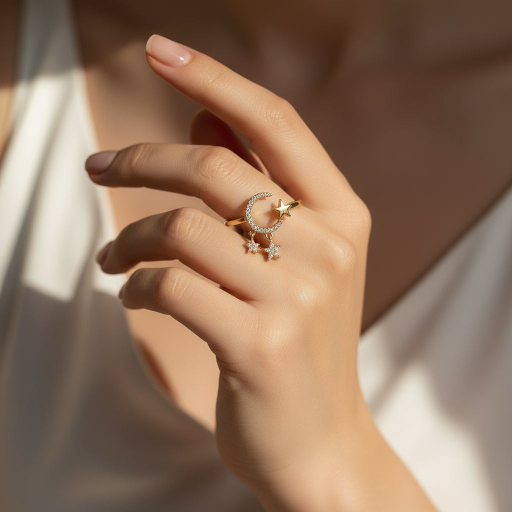 Lunar Spark: 18K Crescent Star Ring