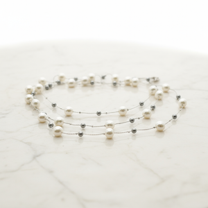 Silver Mist: Dual-Layer Pearl Long Necklace