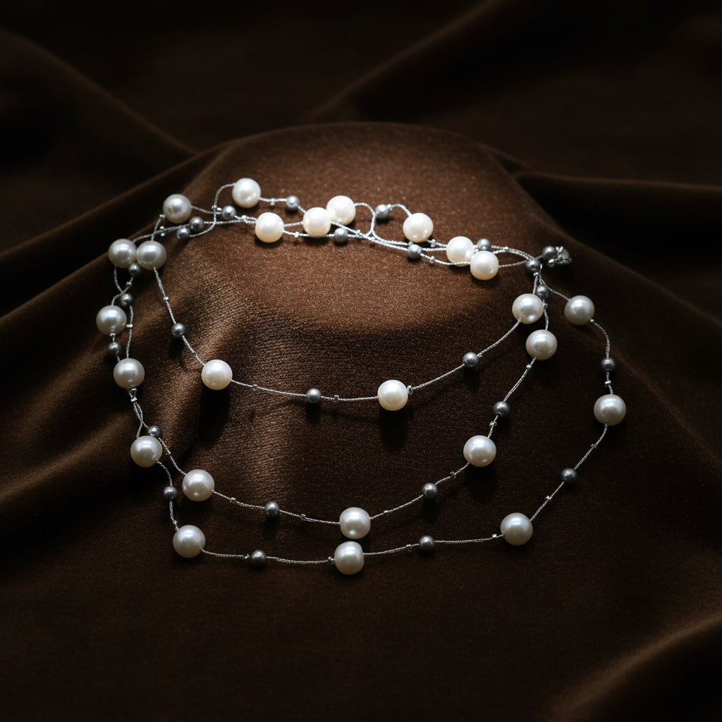 Silver Mist: Dual-Layer Pearl Long Necklace
