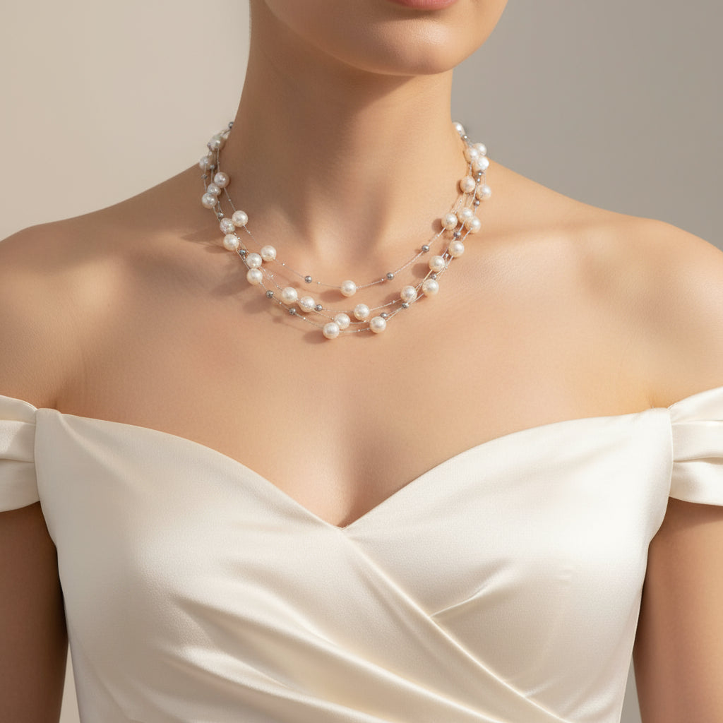 Silver Mist: Dual-Layer Pearl Long Necklace